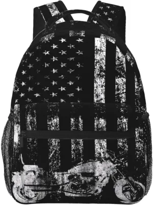 Vintage American Motorcycle Flag Dirt Bike Rider Motocross Casual Backpacks Sport Backpack Travel Rucksack Canvas Daypack Workout Bags with Pockets for Gym Working Hiking