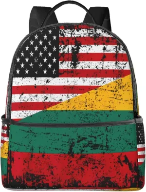 Vintage Half American Half Lithuanian Flag Casual Backpacks Laptop Backpack Carry-on Daypack Sports Travel Rucksack Lightweight Working Bag for Outdoor Hiking Cycling Walking