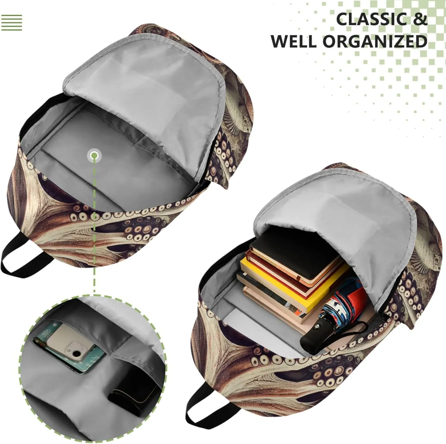 Vintage Octopus Art Medium Womens Casual Daypack Backpacks Bookbag Backpack for School