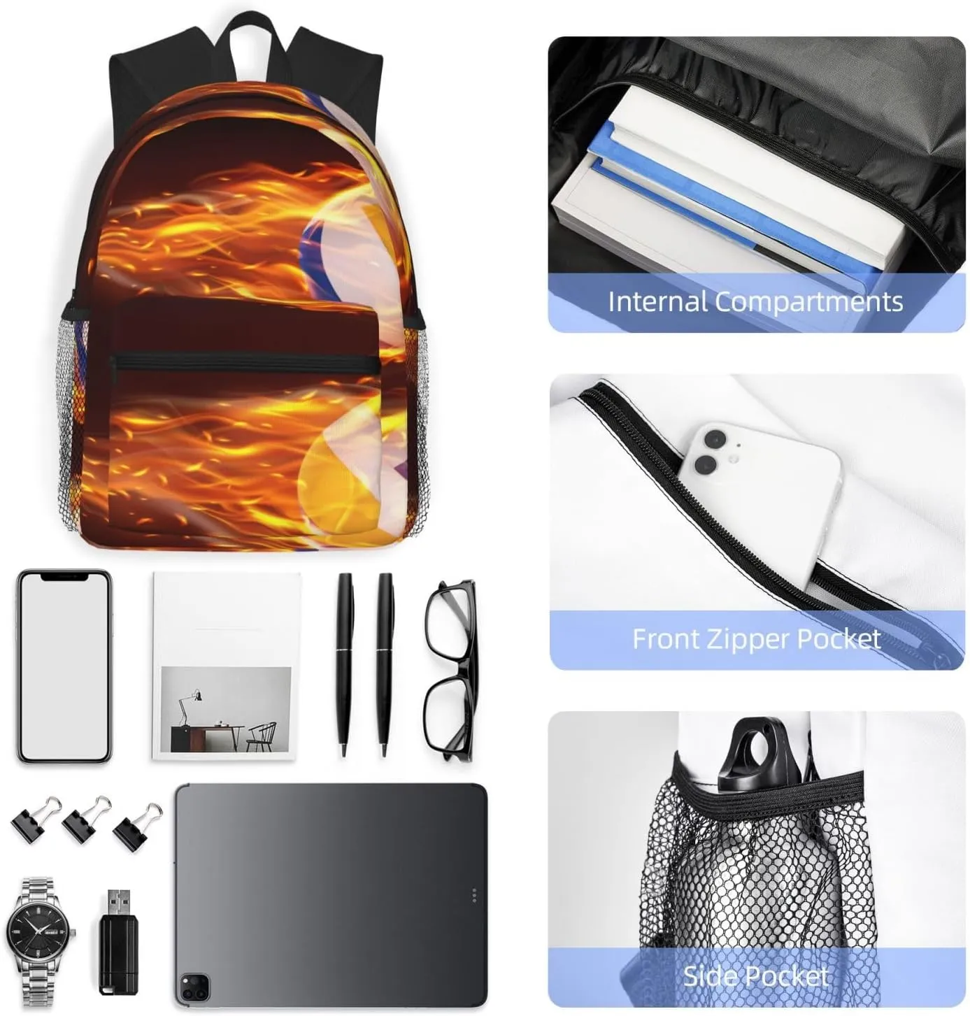 Volleyball Balls Flying Fire Falling Backpack, Travel Laptop Backpack Computer Bag Rucksack for Men Women Business Work Fits 15.6 Inch Notebook