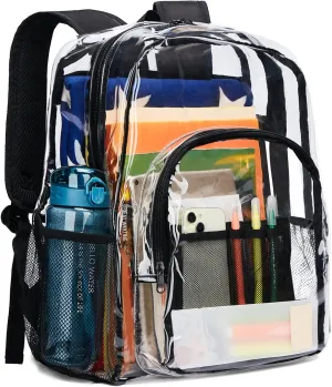 Vorspack Clear Backpack - Heavy Duty Extra Large Transparent PVC See Through Backpack for College, Workplace, Travel - Black