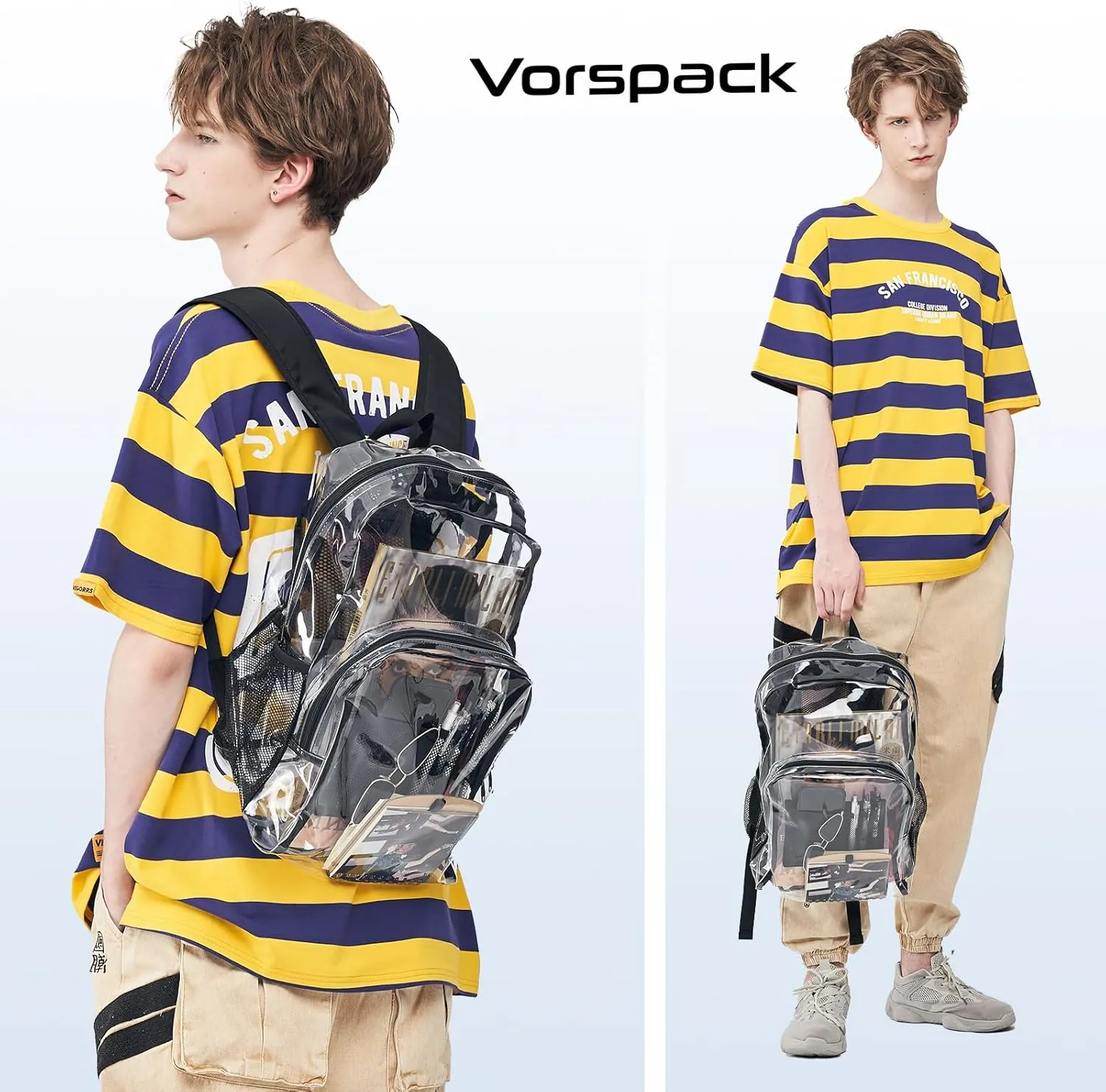 Vorspack Clear Backpack Heavy Duty PVC Transparent Backpack with Reinforced Strap Stitches & Large Capacity for College Workplace Security - Black