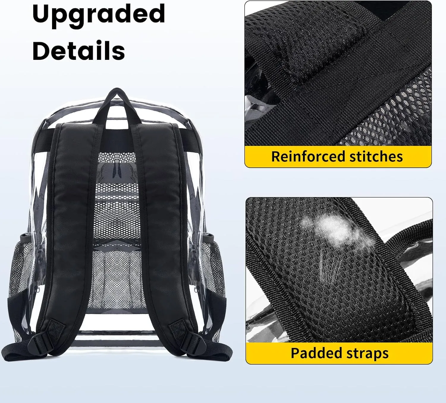 Vorspack Clear Backpack Heavy Duty PVC Transparent Backpack with Reinforced Strap Stitches & Large Capacity for College Workplace Security - Black