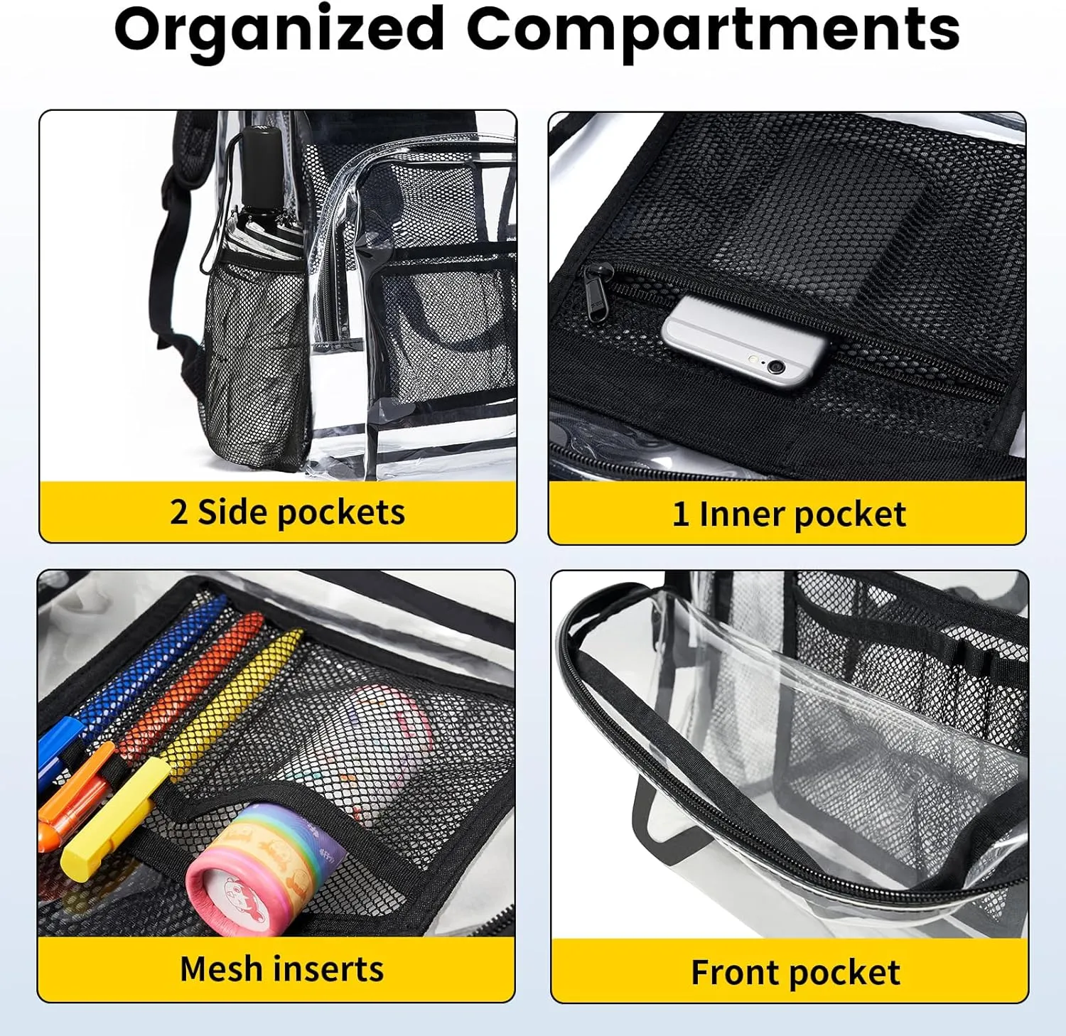 Vorspack Clear Backpack Heavy Duty PVC Transparent Backpack with Reinforced Strap Stitches & Large Capacity for College Workplace Security - Black