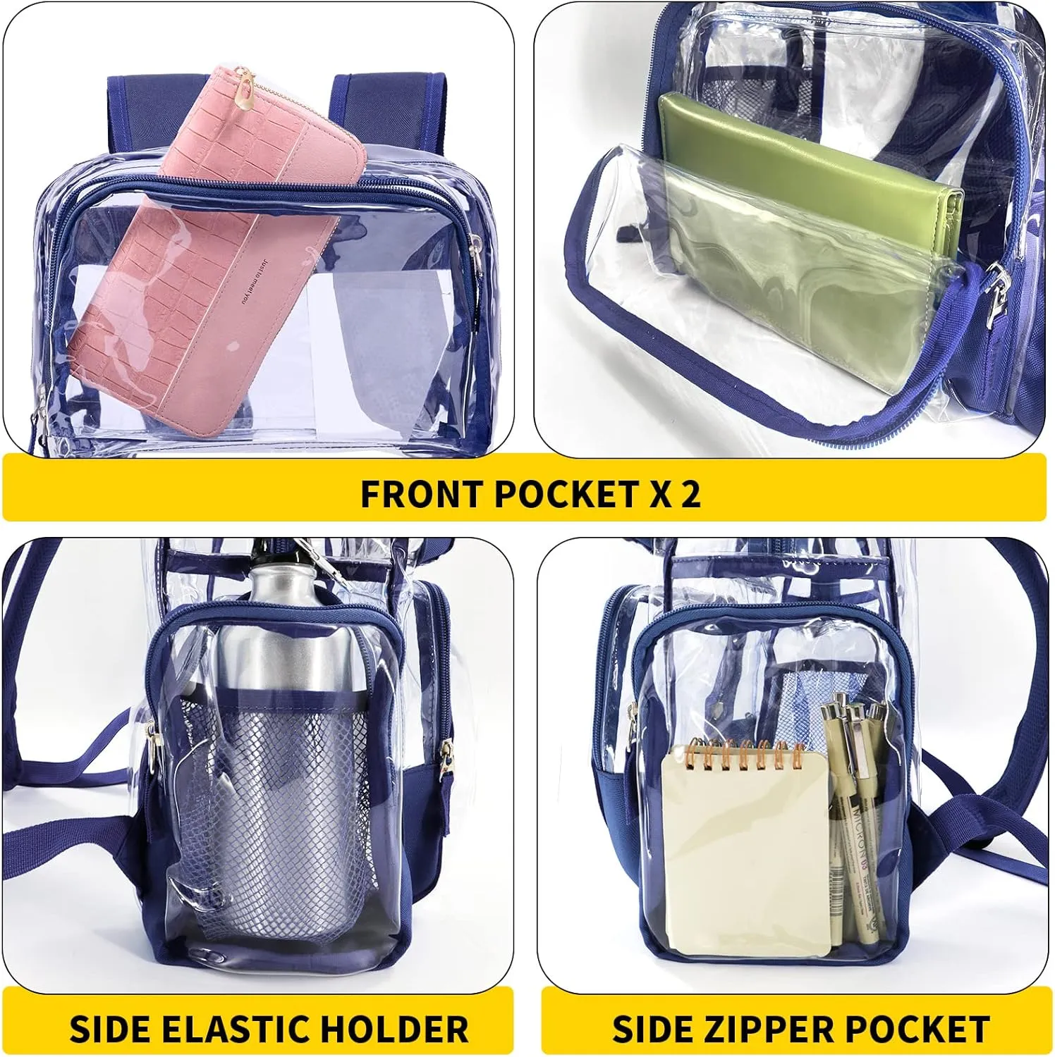 Vorspack Clear Backpack - Transparent Backpack with Reinforced Bottom & Multi-pockets for College Workplace Security - Navy