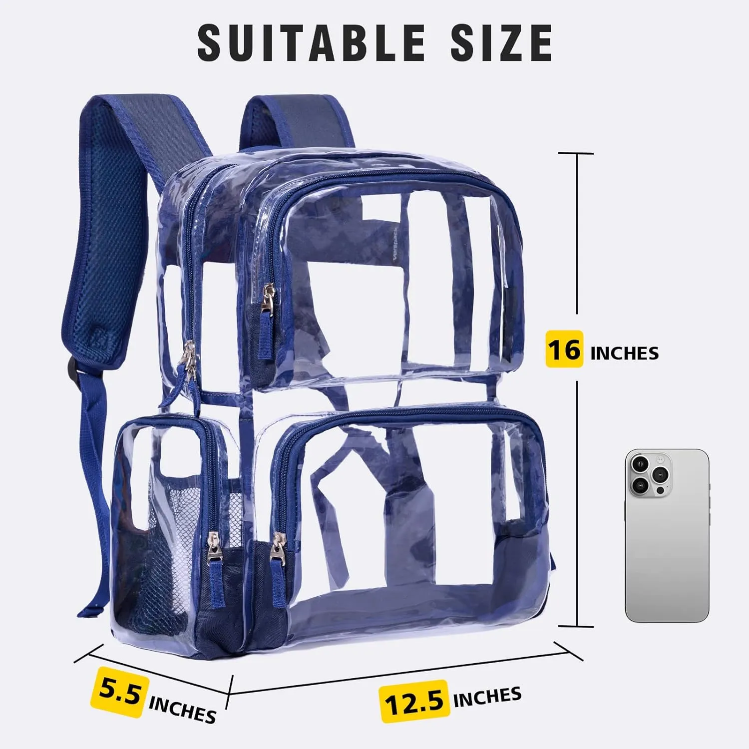 Vorspack Clear Backpack - Transparent Backpack with Reinforced Bottom & Multi-pockets for College Workplace Security - Navy