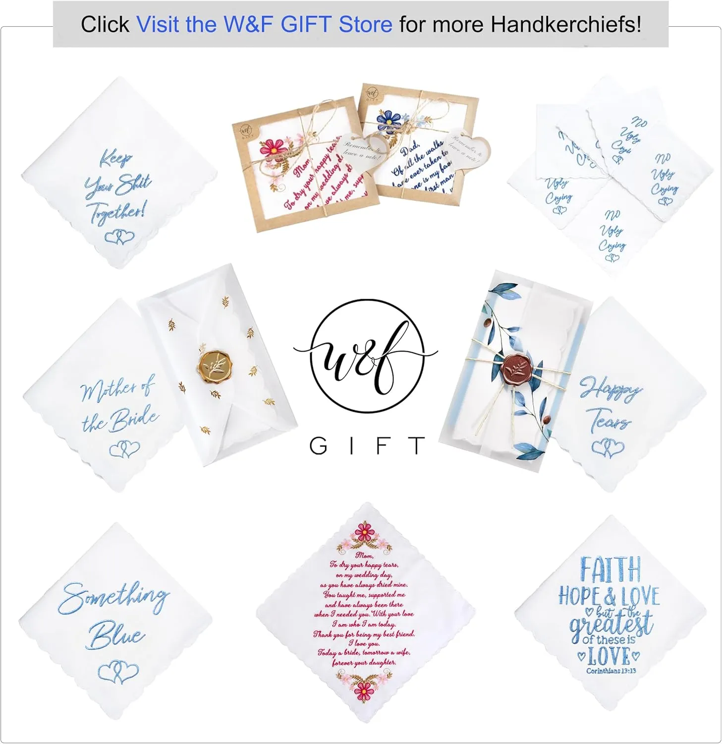 W&F GIFT Embroidered Wedding Handkerchief - Mom, Dad, New Mom, New Dad & Grandma