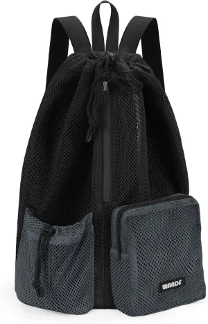 WANDF Swim Bag Mesh Drawstring Backpack Beach Backpack for Swimming, Gym (Black)