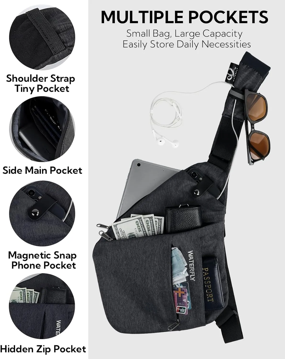 WATERFLY Sling Crossbody Chest Bag: Slim Anti-Theft Cross Body Bag Over Shoulder Backpack Stealth Side Pack Man Woman