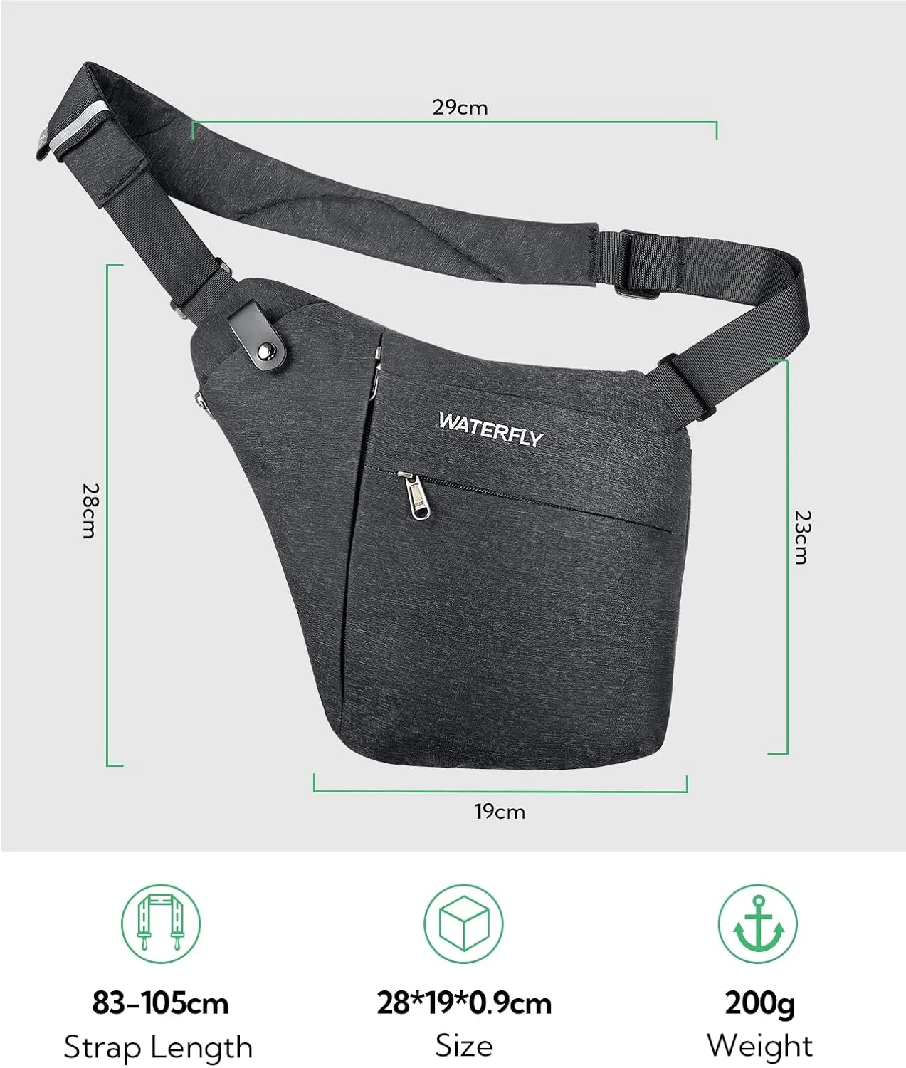 WATERFLY Sling Crossbody Chest Bag: Slim Anti-Theft Cross Body Bag Over Shoulder Backpack Stealth Side Pack Man Woman
