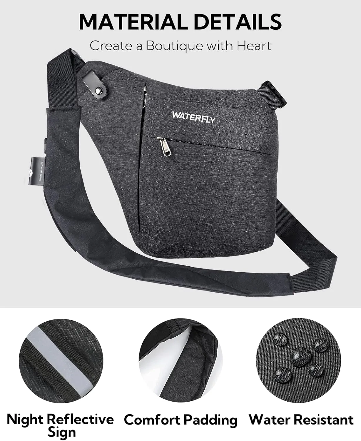 WATERFLY Sling Crossbody Chest Bag: Slim Anti-Theft Cross Body Bag Over Shoulder Backpack Stealth Side Pack Man Woman