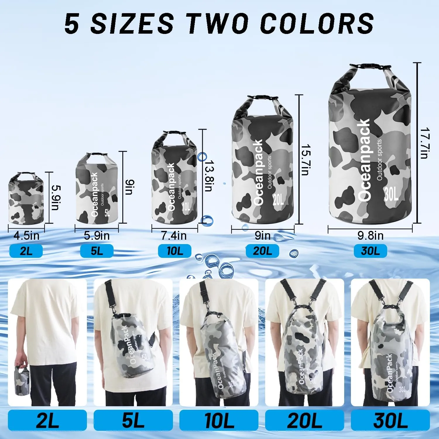 Waterproof Dry Bag 2L/5L/10L/20L/30L, Dry Sack for Kayaking Rafting Boating Beach Surfing Swimming, Camping, Hiking, Beach, Fishing Gray Backpack with Waterproof Phone Case