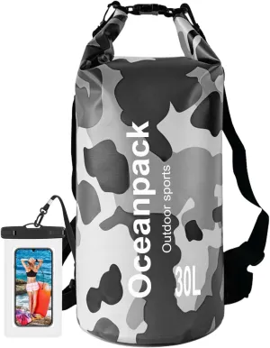 Waterproof Dry Bag 2L/5L/10L/20L/30L, Dry Sack for Kayaking Rafting Boating Beach Surfing Swimming, Camping, Hiking, Beach, Fishing Gray Backpack with Waterproof Phone Case