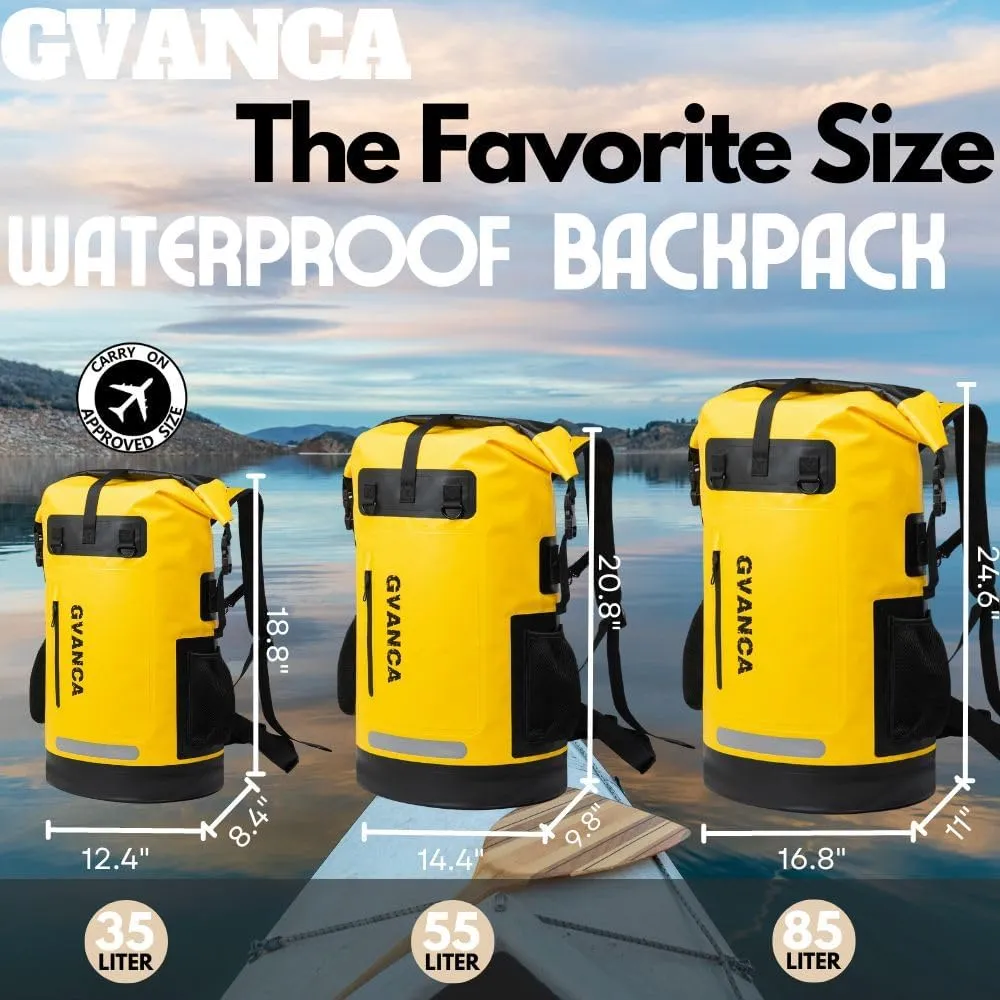 Waterproof Dry Bag Backpack for Kayaking, Roll Top Kayak Dry Backpack, Floating Outdoor Dry Sack Boating Sailing Canoeing Rafting Fishing Camping 55L Yellow