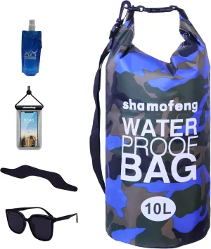 Waterproof Dry Bag Combo 5-30L Roll Top Dry Storage Bag Backpack for Kayaking Boating Beach Camping Travel Fishing, w/Phone Case & Collapsible Water Bottle & Sunglasses & Ear Band,Blue 15L