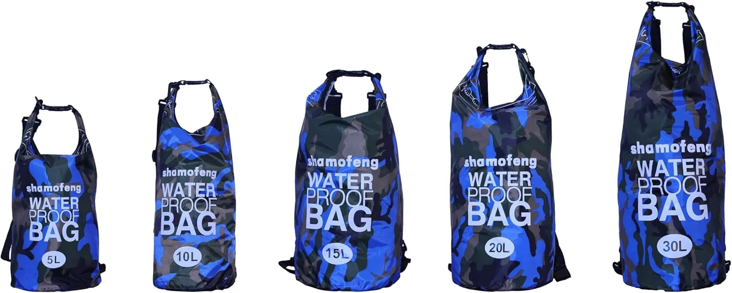 Waterproof Dry Bag Combo 5-30L Roll Top Dry Storage Bag Backpack for Kayaking Boating Beach Camping Travel Fishing, w/Phone Case & Collapsible Water Bottle & Sunglasses & Ear Band,Blue 15L