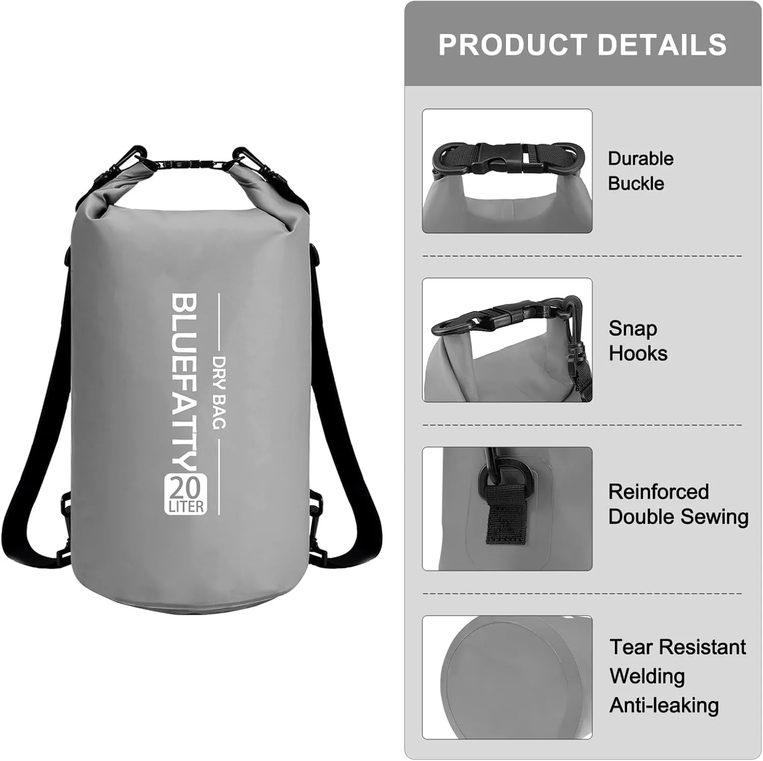 Waterproof Dry Bag Floating Dry Sack Roll Top Dry Backpack for Kayaking, Rafting, Boating, SUP, Fishing with IPX8 Waterproof Phone Case, Grey, 20L