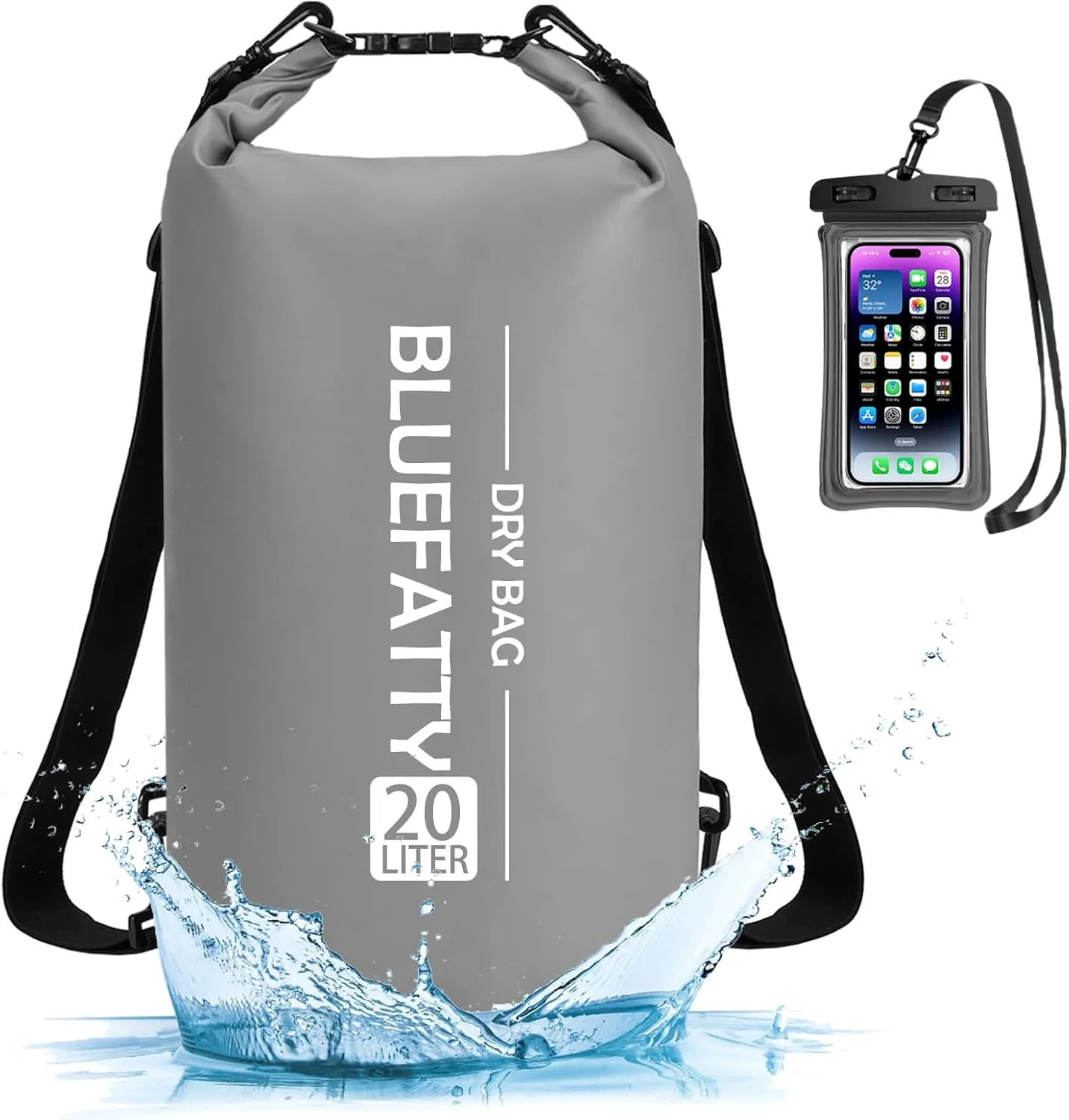 Waterproof Dry Bag Floating Dry Sack Roll Top Dry Backpack for Kayaking, Rafting, Boating, SUP, Fishing with IPX8 Waterproof Phone Case, Grey, 20L