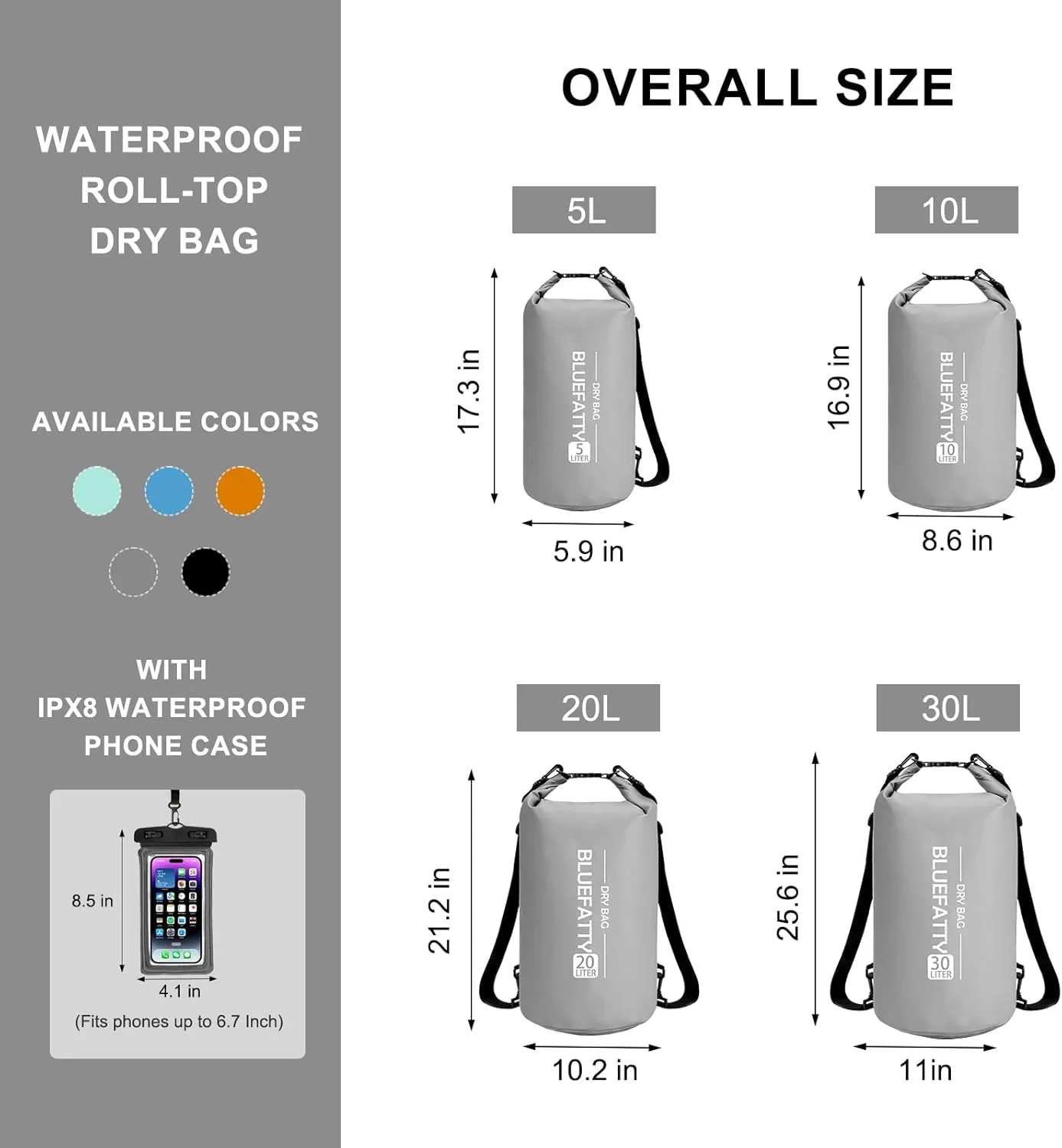 Waterproof Dry Bag Floating Dry Sack Roll Top Dry Backpack for Kayaking, Rafting, Boating, SUP, Fishing with IPX8 Waterproof Phone Case, Grey, 20L