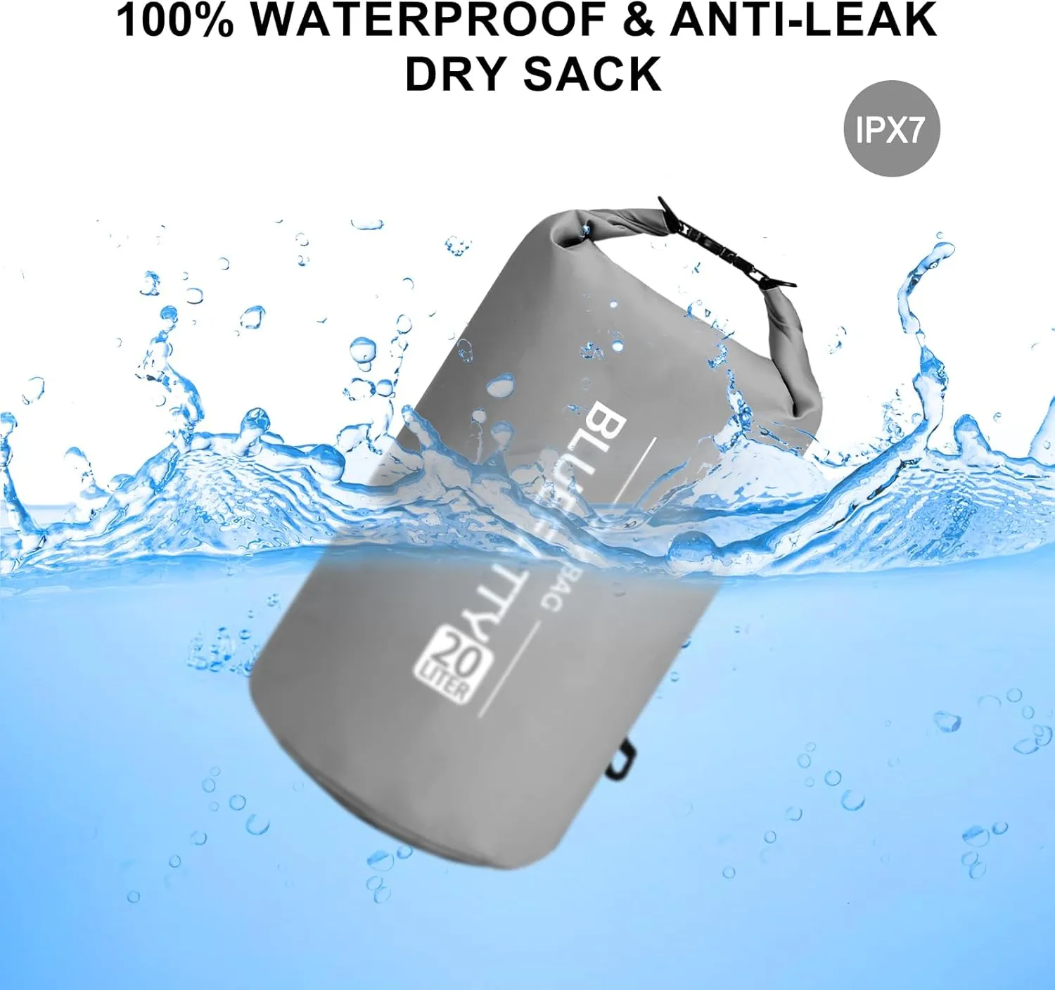 Waterproof Dry Bag Floating Dry Sack Roll Top Dry Backpack for Kayaking, Rafting, Boating, SUP, Fishing with IPX8 Waterproof Phone Case, Grey, 20L