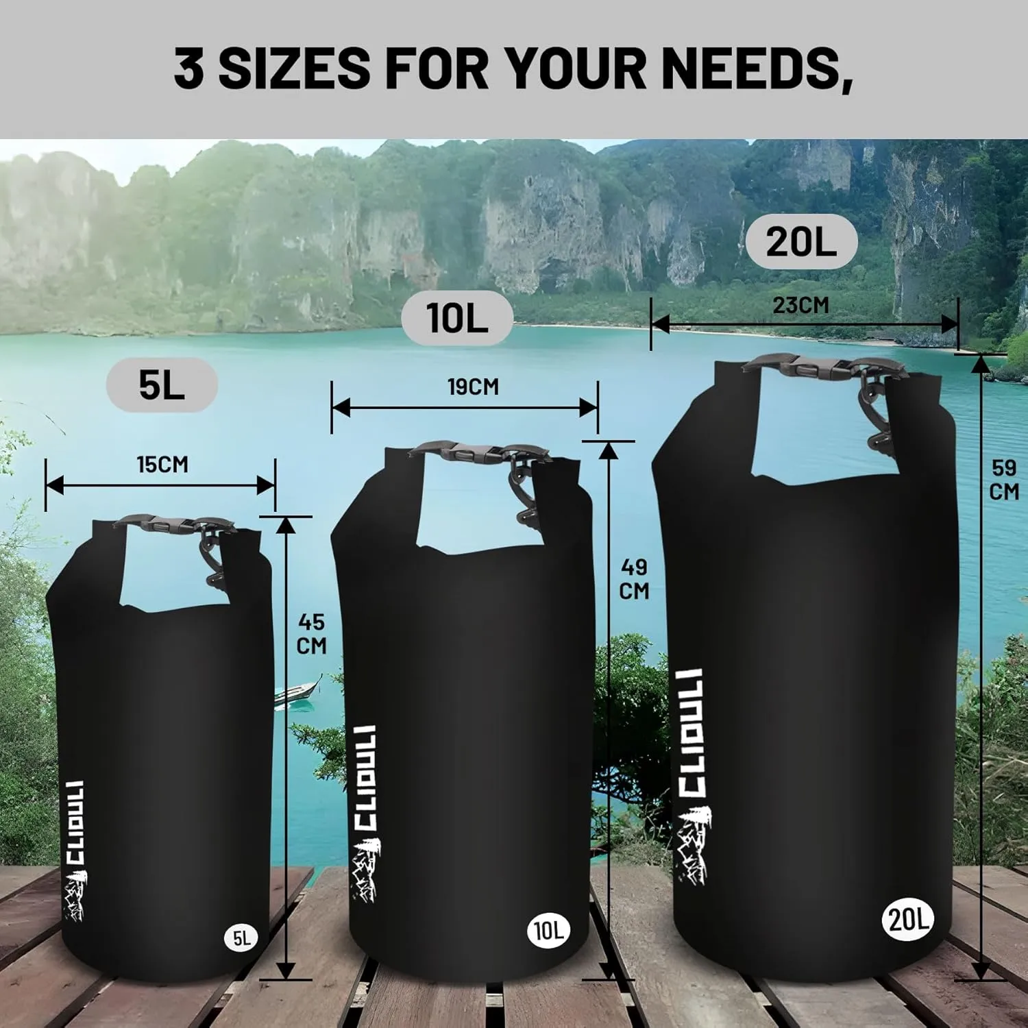 Waterproof Dry Bag,Roll Top Black Small Waterproof Backpack 2L/5L/10L/20L/30L/40L Floating Lightweight Bags for Kayaking, Boating, Fishing, Swimming Camping