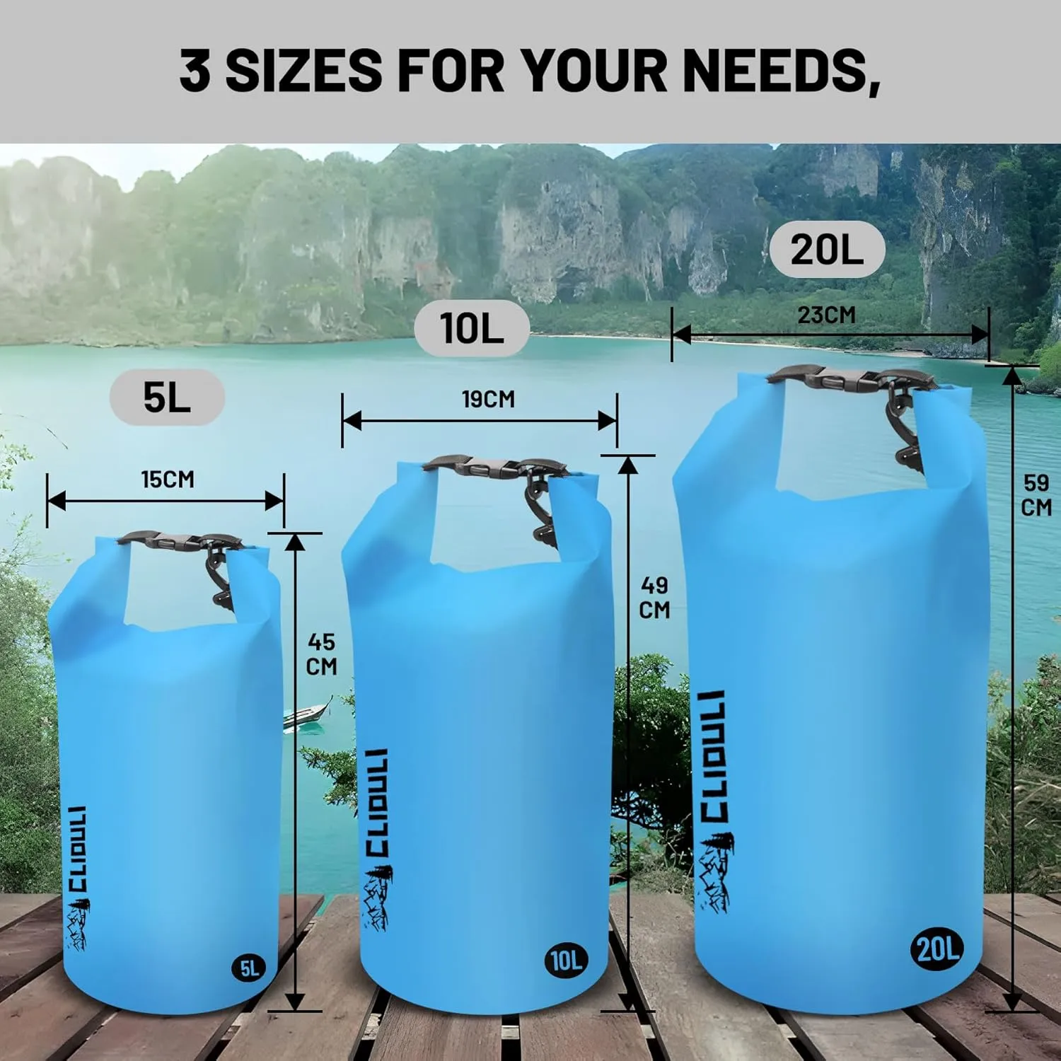 Waterproof Dry Bag,Roll Top Blue Small Waterproof Backpack 2L/5L/10L/20L/30L/40L Floating Lightweight Bags for Kayaking, Boating, Fishing, Swimming Camping with Waterproof Phone Case
