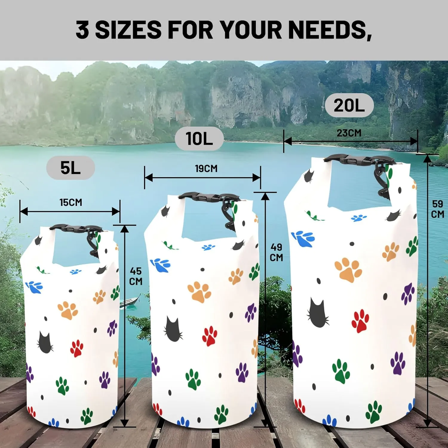 Waterproof Dry Bag,Roll Top Colorful Cartoon Cat Pawprints Waterproof Backpack 5L/10L/20L Floating and Lightweight Bags for Kayaking, Boating, Fishing, Swimming and Camping