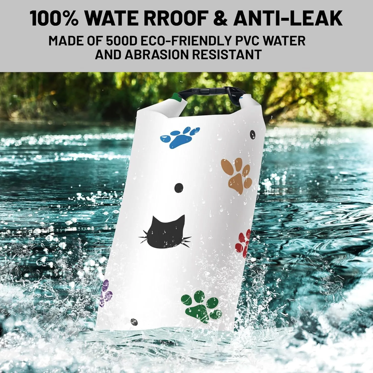 Waterproof Dry Bag,Roll Top Colorful Cartoon Cat Pawprints Waterproof Backpack 5L/10L/20L Floating and Lightweight Bags for Kayaking, Boating, Fishing, Swimming and Camping