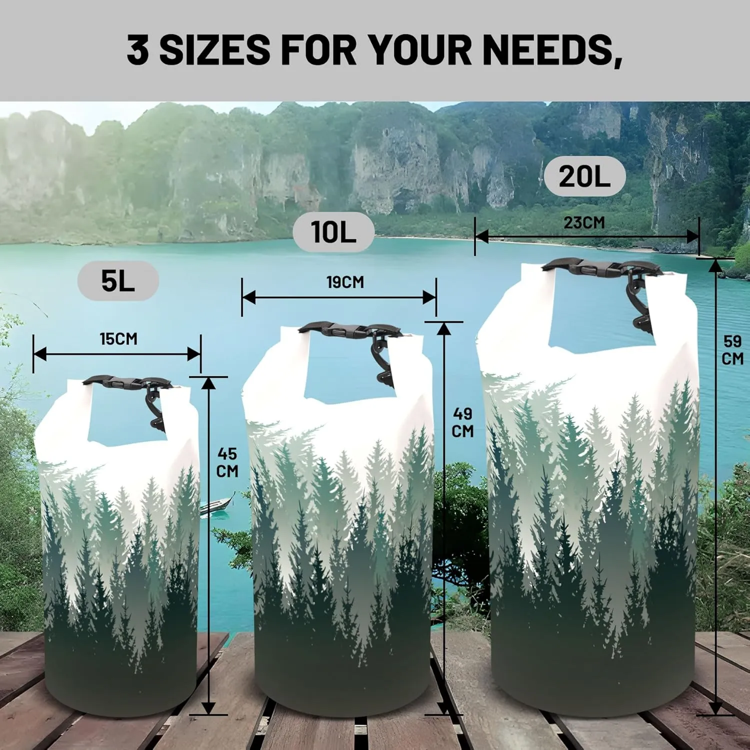 Waterproof Dry Bag,Roll Top Green Forest Waterproof Backpack 5L/10L/20L Floating and Lightweight Bags for Kayaking, Boating, Fishing, Swimming and Camping