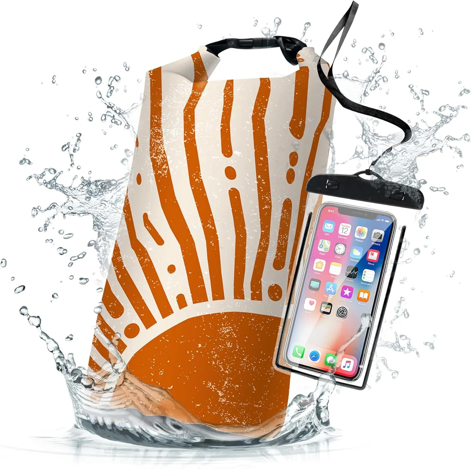 Waterproof Dry Bag,Roll Top Modern Yellow Sunburst Sunrise Waterproof Backpack 5L/10L/20L Floating and Lightweight Bags for Kayaking, Boating, Fishing, Swimming and Camping with Waterproof Phone Case