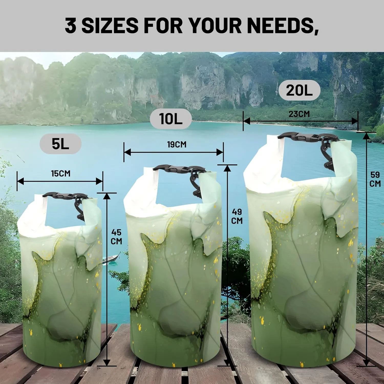 Waterproof Dry Bag,Roll Top Sage Green Marble Small Waterproof Backpack 5L/10L/20L Floating and Lightweight Bags for Kayaking, Boating, Fishing, Swimming and Camping