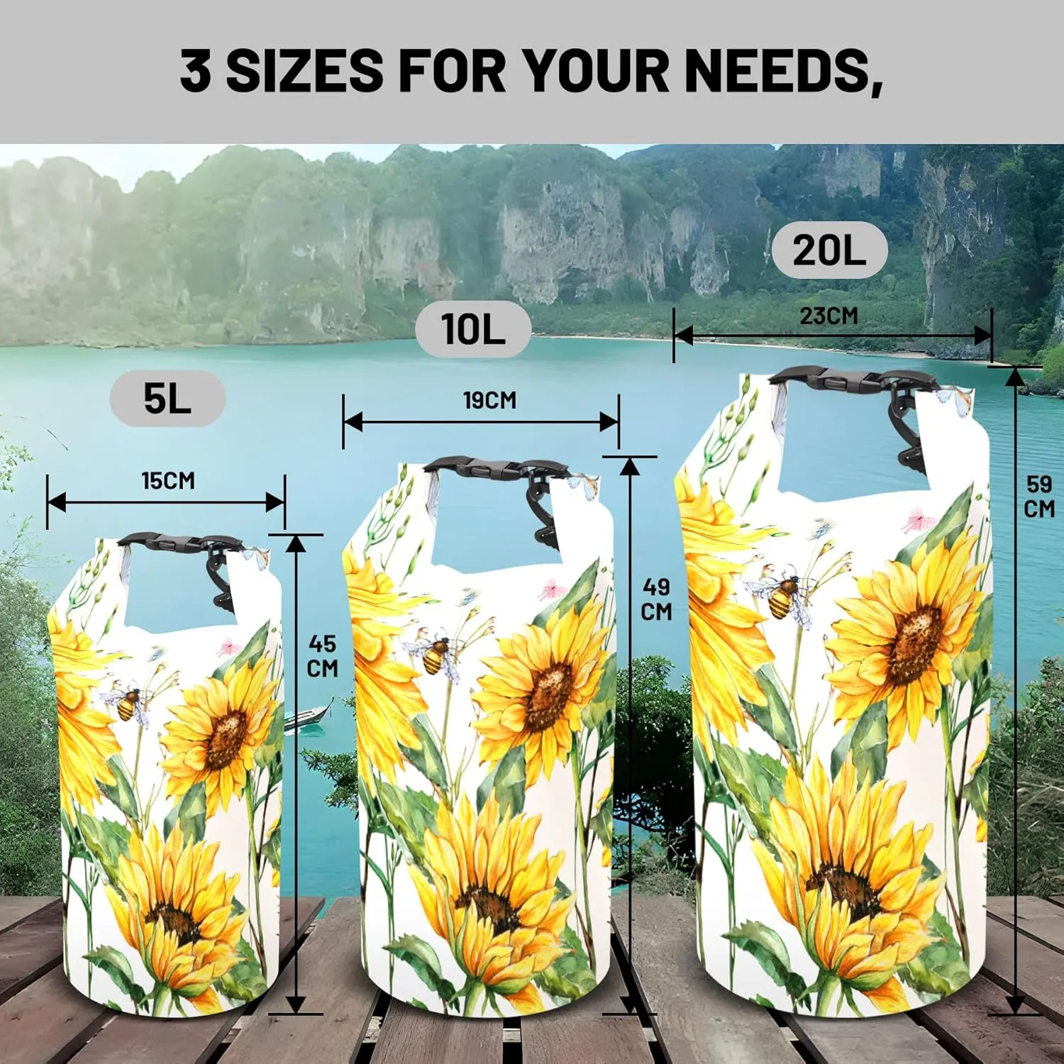 Waterproof Dry Bag,Roll Top Summer Sunflowers Waterproof Backpack 5L/10L/20L Floating and Lightweight Bags for Kayaking, Boating, Fishing, Swimming and Camping with Waterproof Phone Case