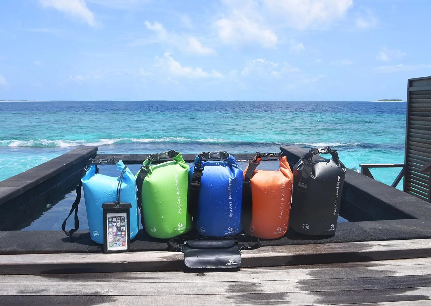 Waterproof Dry Bags Set of 3 Dry Bag with 2 Zip Lock Seals & Detachable Shoulder Strap, Waist Pouch & Phone Case - Can Be Submerged Into Water - for Swimming (Orange, 5L)