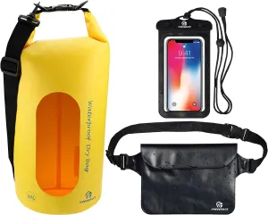 Waterproof Dry Bags Set of 3 Dry Bag with 2 Zip Lock Seals & Detachable Shoulder Strap, Waist Pouch & Phone Case - Can Be Submerged Into Water - for Swimming (Yellow(Window), 10L)