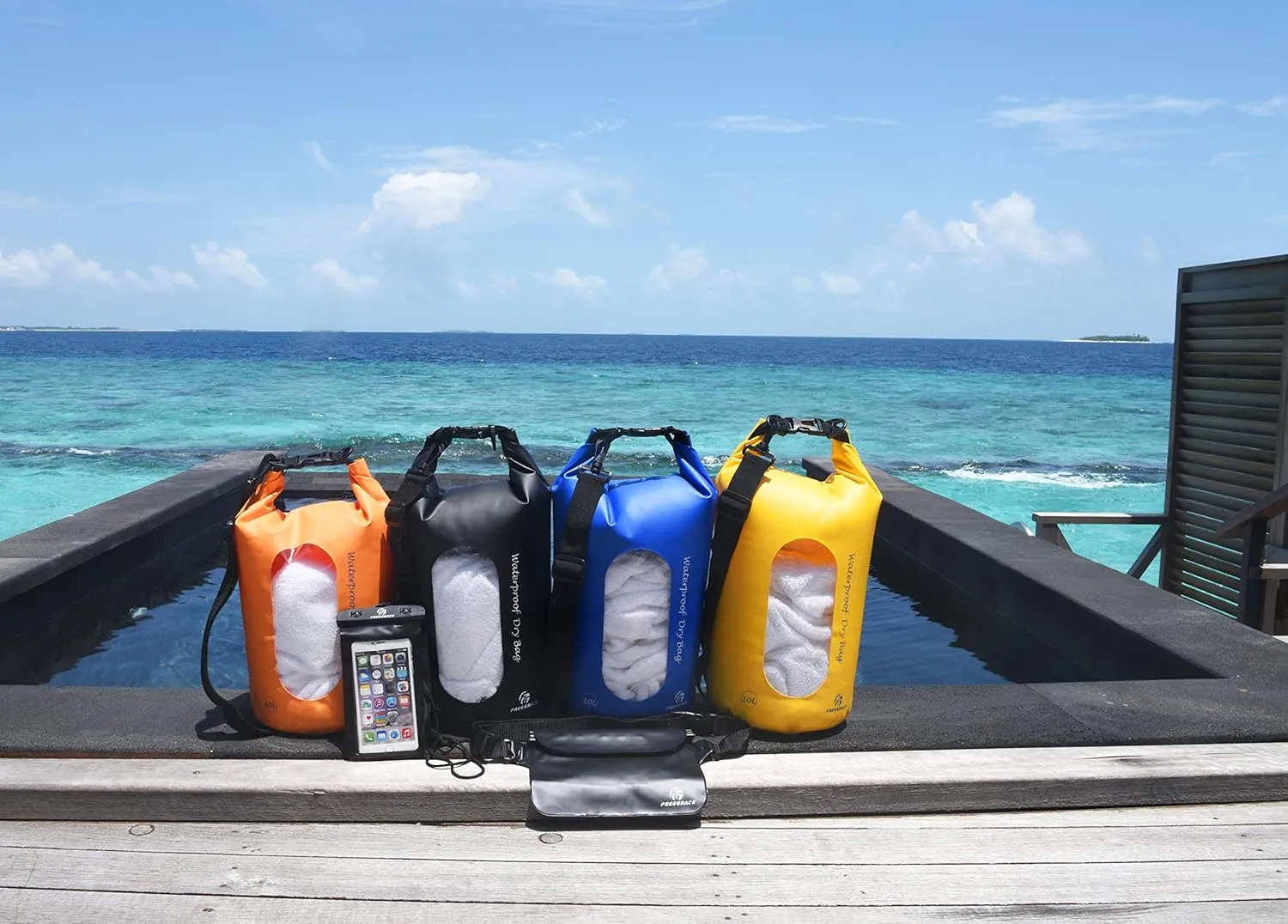 Waterproof Dry Bags Set of 3 Dry Bag with 2 Zip Lock Seals & Detachable Shoulder Strap, Waist Pouch & Phone Case - Can Be Submerged Into Water - for Swimming (Yellow(Window), 10L)