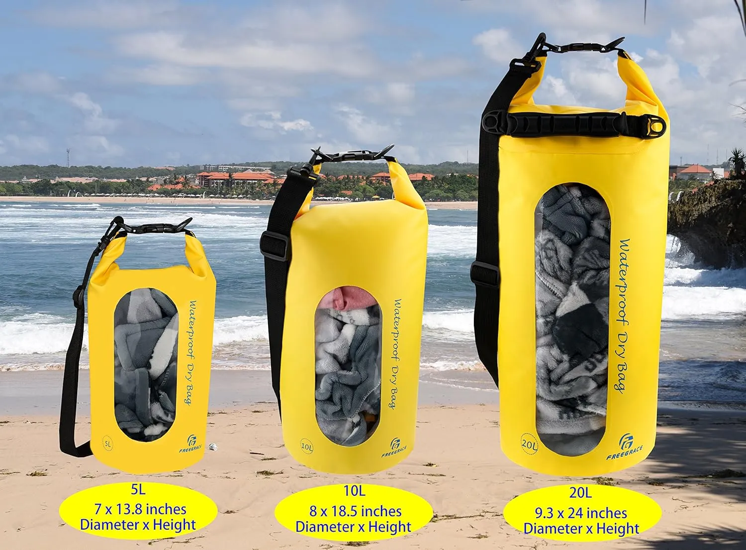 Waterproof Dry Bags Set of 3 Dry Bag with 2 Zip Lock Seals & Detachable Shoulder Strap, Waist Pouch & Phone Case - Can Be Submerged Into Water - for Swimming (Yellow(Window), 10L)
