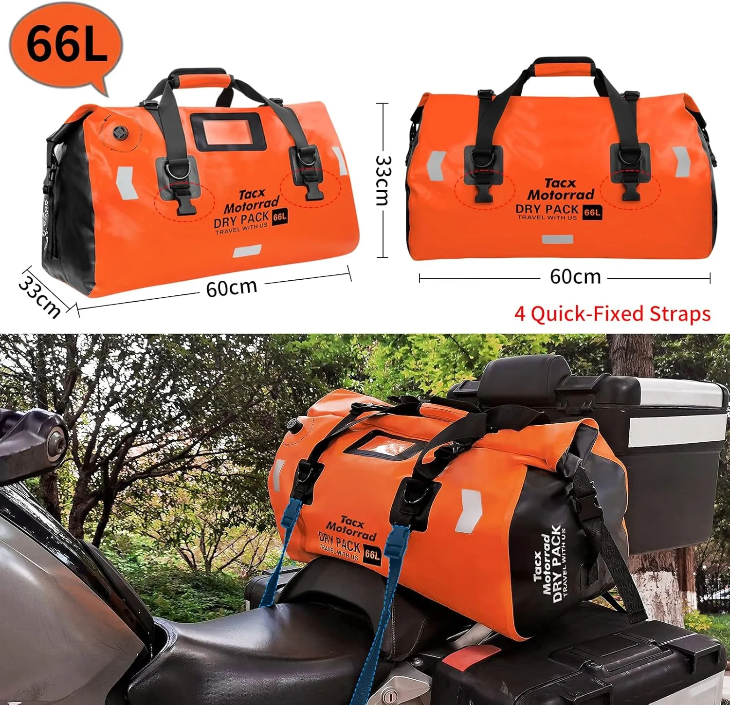 Waterproof Duffel Bag for Men/Women, Roll-top Dry Backpack Duffel Bag with Quick-fixed Straps, Motorcycle Tail Saddle Bag for Motorcycling, Rafting, Boating, Kayaking, Travel, 66L-Orange
