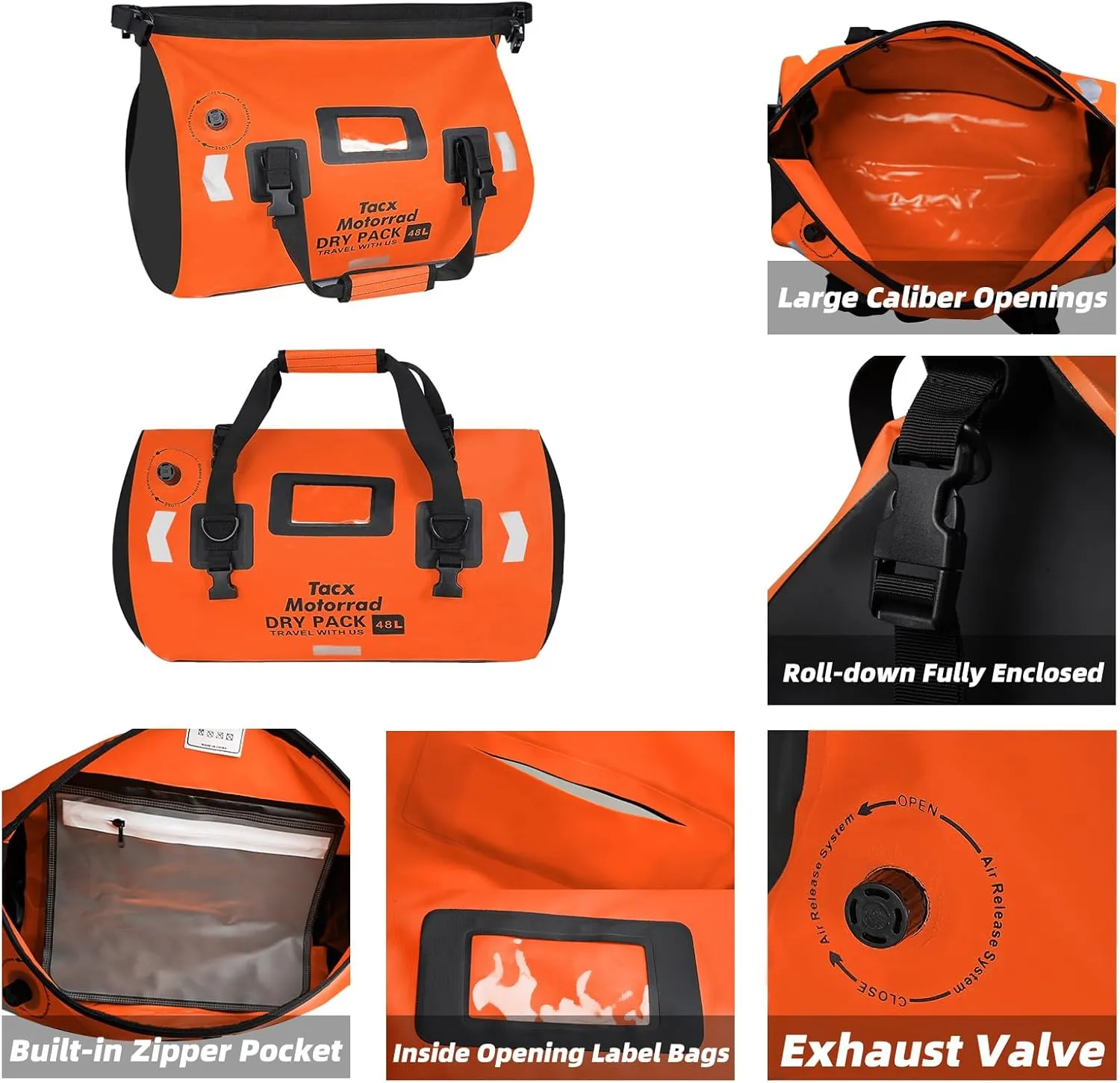Waterproof Duffel Bag for Men/Women, Roll-top Dry Backpack Duffel Bag with Quick-fixed Straps, Motorcycle Tail Saddle Bag for Motorcycling, Rafting, Boating, Kayaking, Travel, 66L-Orange