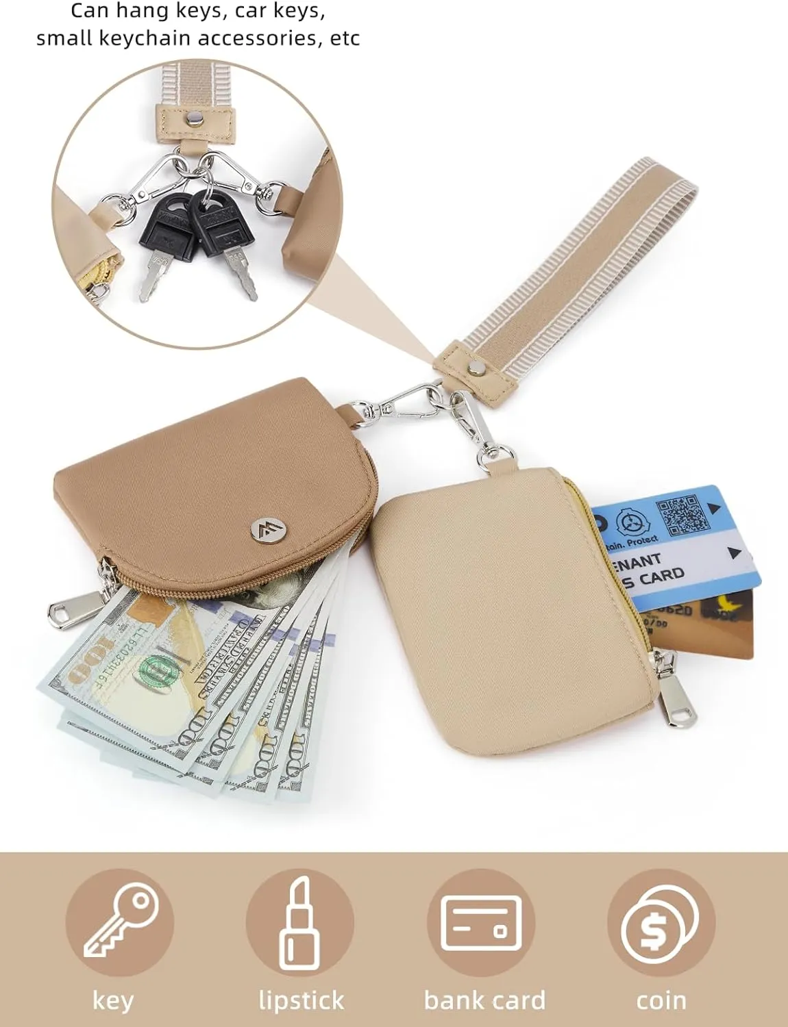 WESTBRONCO Mini Keychain Wristlet Wallets for Women Portable Dual Pouch Wristlet Detachable Quilted Nylon Coin Purse Pocket for Travel Sports Outdoors