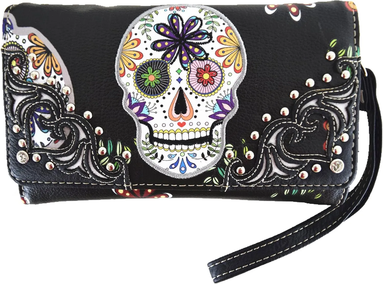 WESTERN ORIGIN Sugar Skull Day of the Dead Daypack Punk Gothic Backpack Rose Flower Fashion Women Travel Biker Purse Daypack Wallet Set (Black Set)