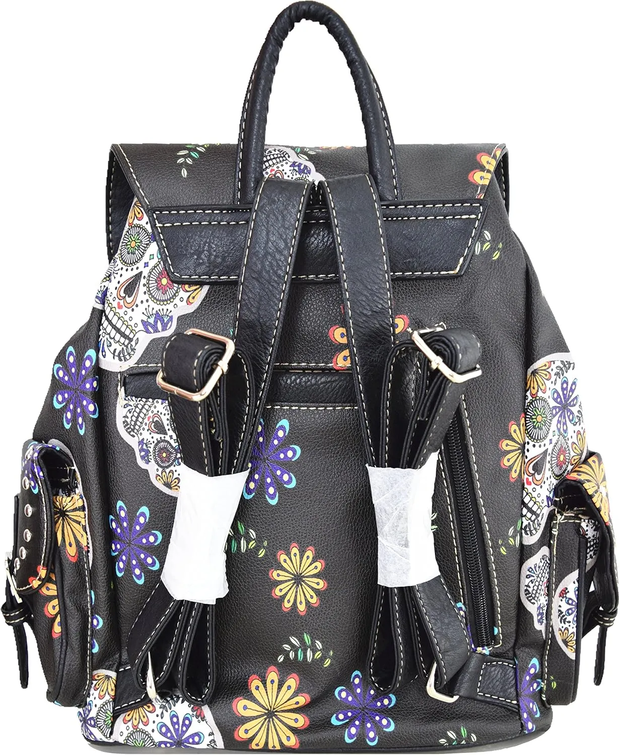 WESTERN ORIGIN Sugar Skull Day of the Dead Daypack Punk Gothic Backpack Rose Flower Fashion Women Travel Biker Purse Daypack Wallet Set (Black Set)