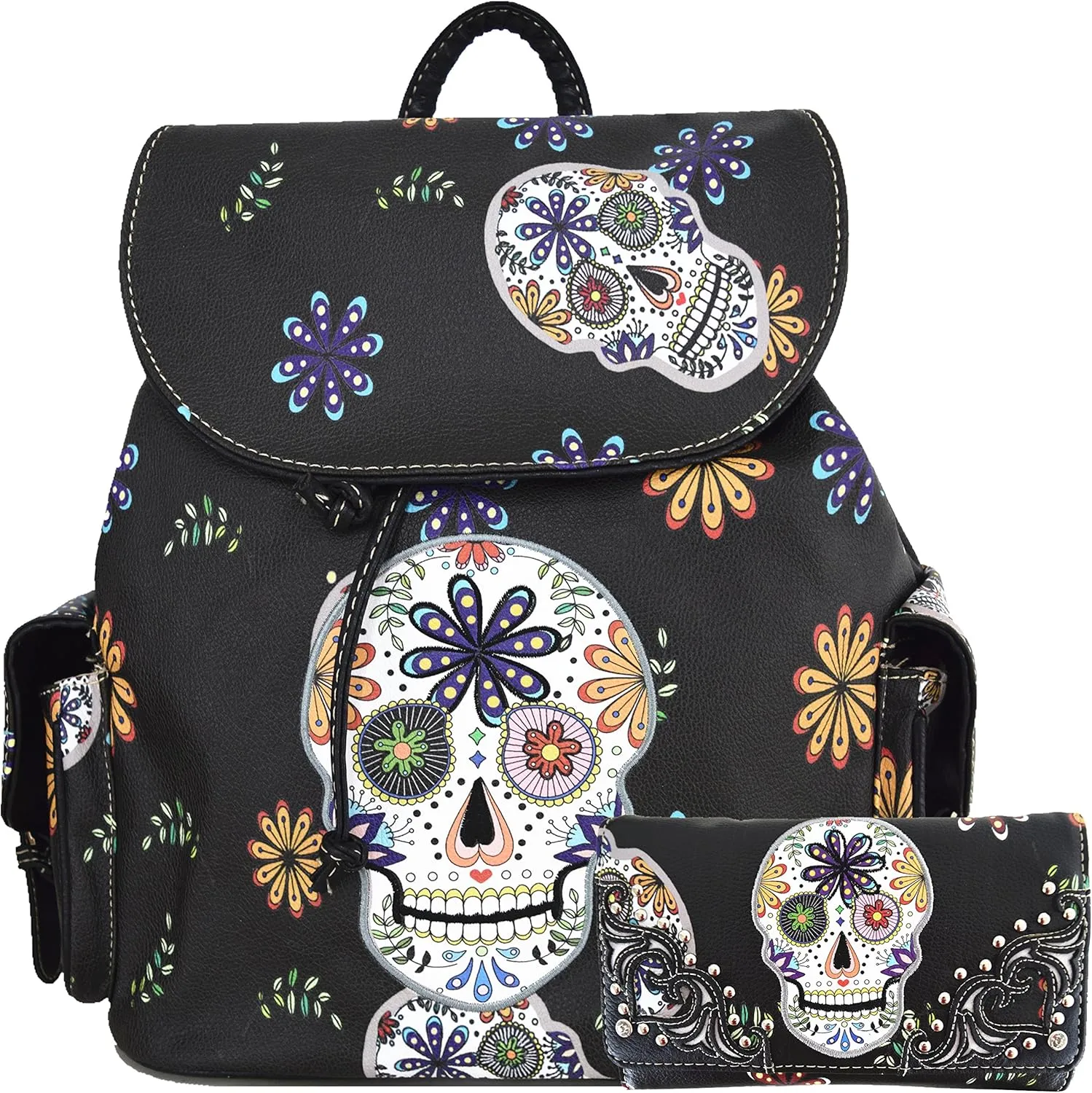 WESTERN ORIGIN Sugar Skull Day of the Dead Daypack Punk Gothic Backpack Rose Flower Fashion Women Travel Biker Purse Daypack Wallet Set (Black Set)