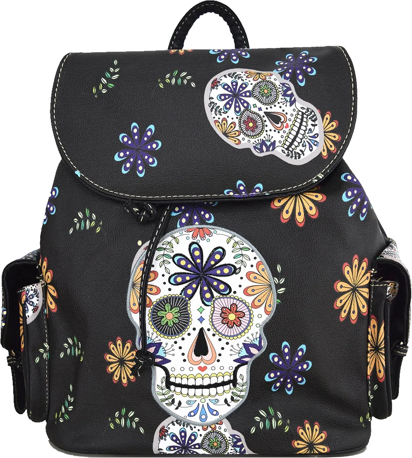 WESTERN ORIGIN Sugar Skull Day of the Dead Daypack Punk Gothic Backpack Rose Flower Fashion Women Travel Biker Purse Daypack Wallet Set (Black Set)