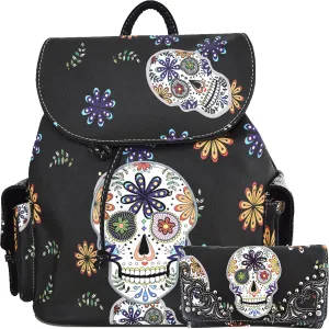 WESTERN ORIGIN Sugar Skull Day of the Dead Daypack Punk Gothic Backpack Rose Flower Fashion Women Travel Biker Purse Daypack Wallet Set (Black Set)