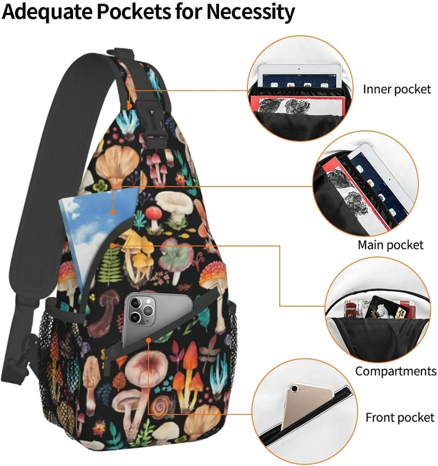 Wild Mushroom Sling Bag,Multipurpose Crossbody Backpack Shoulder Chest Bag for Women Men Travel Hiking Daypack