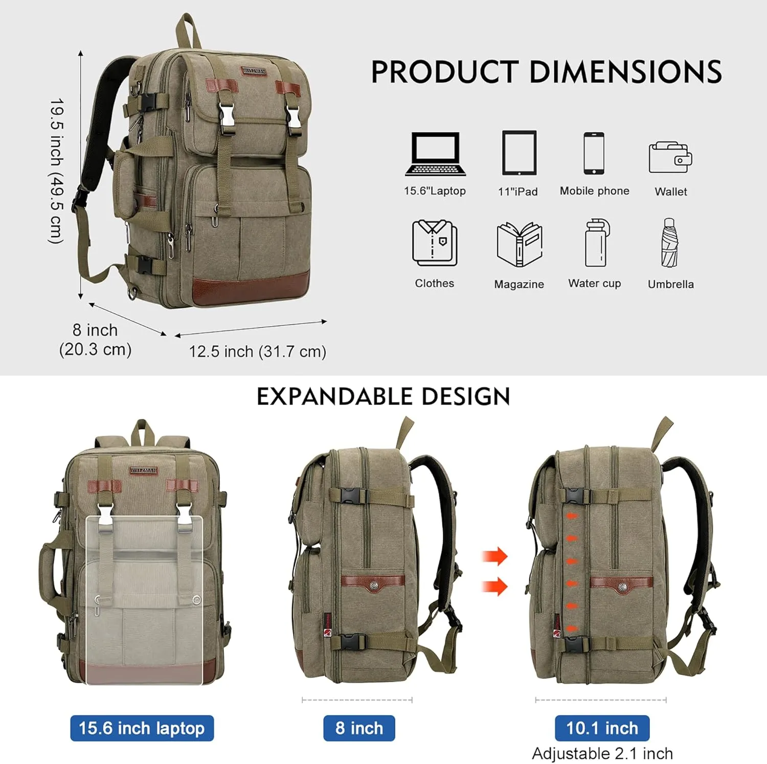 WITZMAN Canvas Travel Backpack for Men Large Laptop Backpack Fit 17 inch Carry-on Airline Approved Convertible Shoulder Rucksack(A6617-3 Army Green)