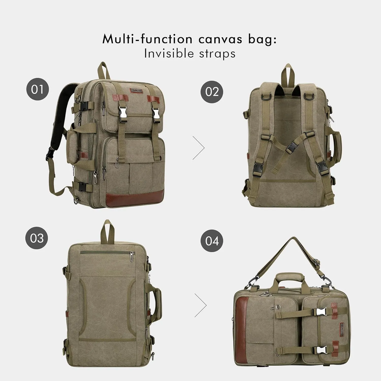 WITZMAN Canvas Travel Backpack for Men Large Laptop Backpack Fit 17 inch Carry-on Airline Approved Convertible Shoulder Rucksack(A6617-3 Army Green)