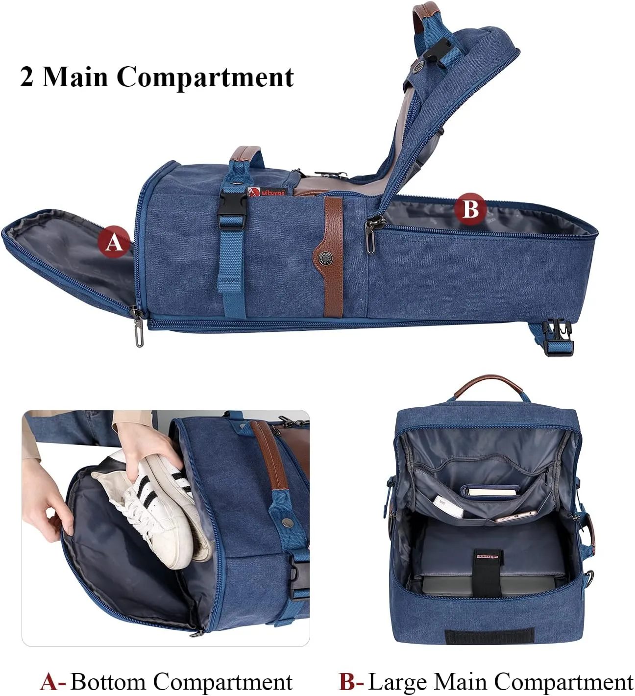 WITZMAN Travel Backpack for Men Women Carry on Luggage Backpack Canvas Rucksack Duffel bag with Shoe Compartment
