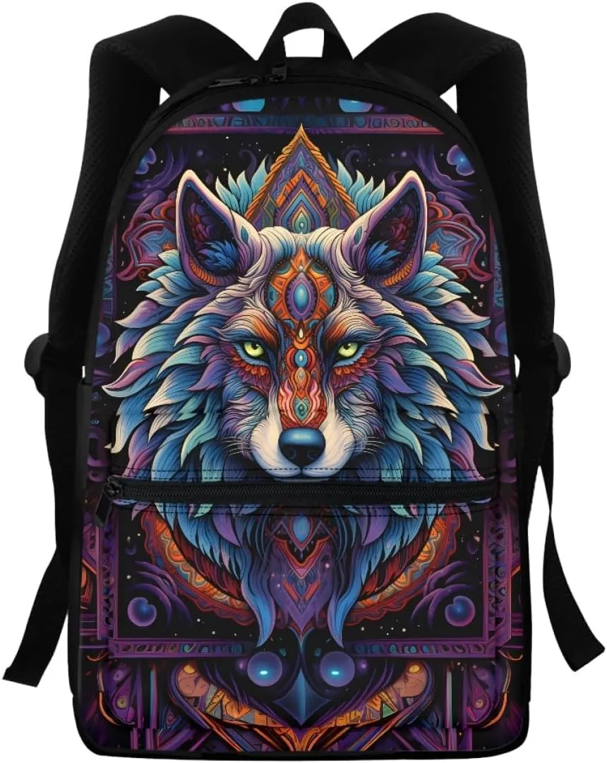 Wolf Head Backpacks for Child Kids Boys Mens Casual School Book Bags Daypacks with Adjustable Shoulder Strap,Native American wolf