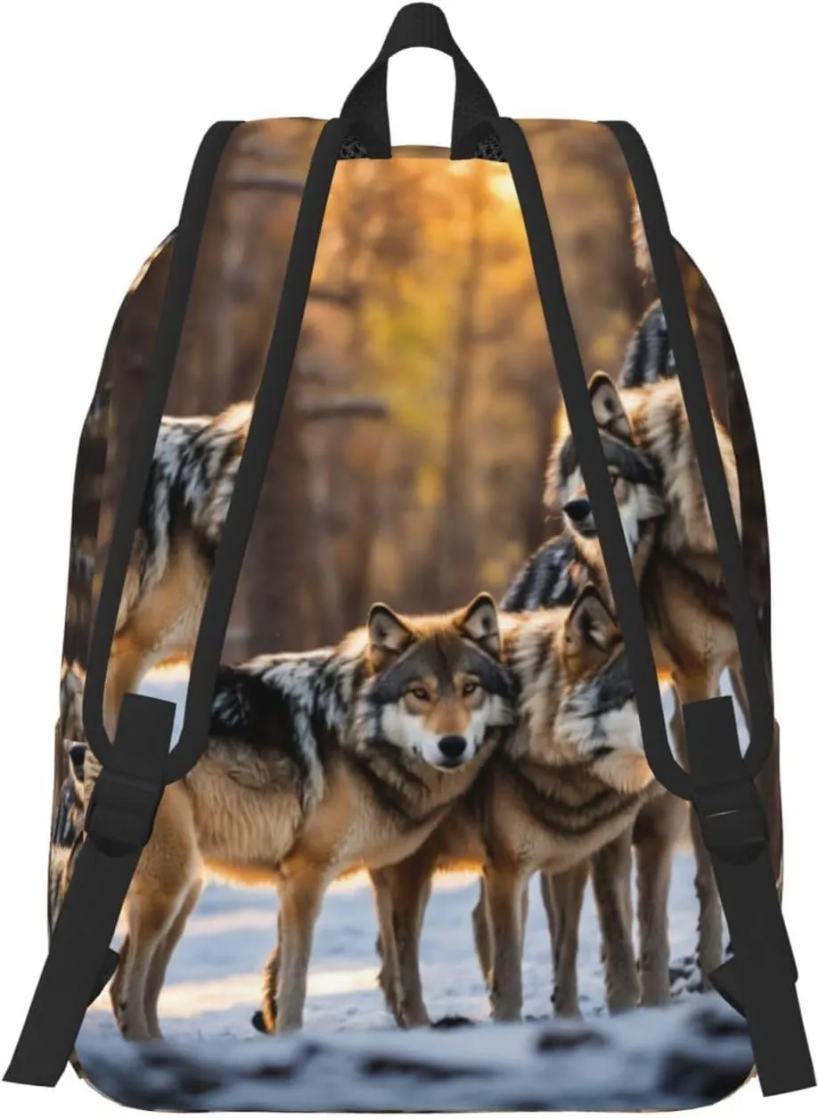 Wolfs Print Vintage Canvas Backpack,Travel Bag,Stylish And Lightweight With Multiple Pockets